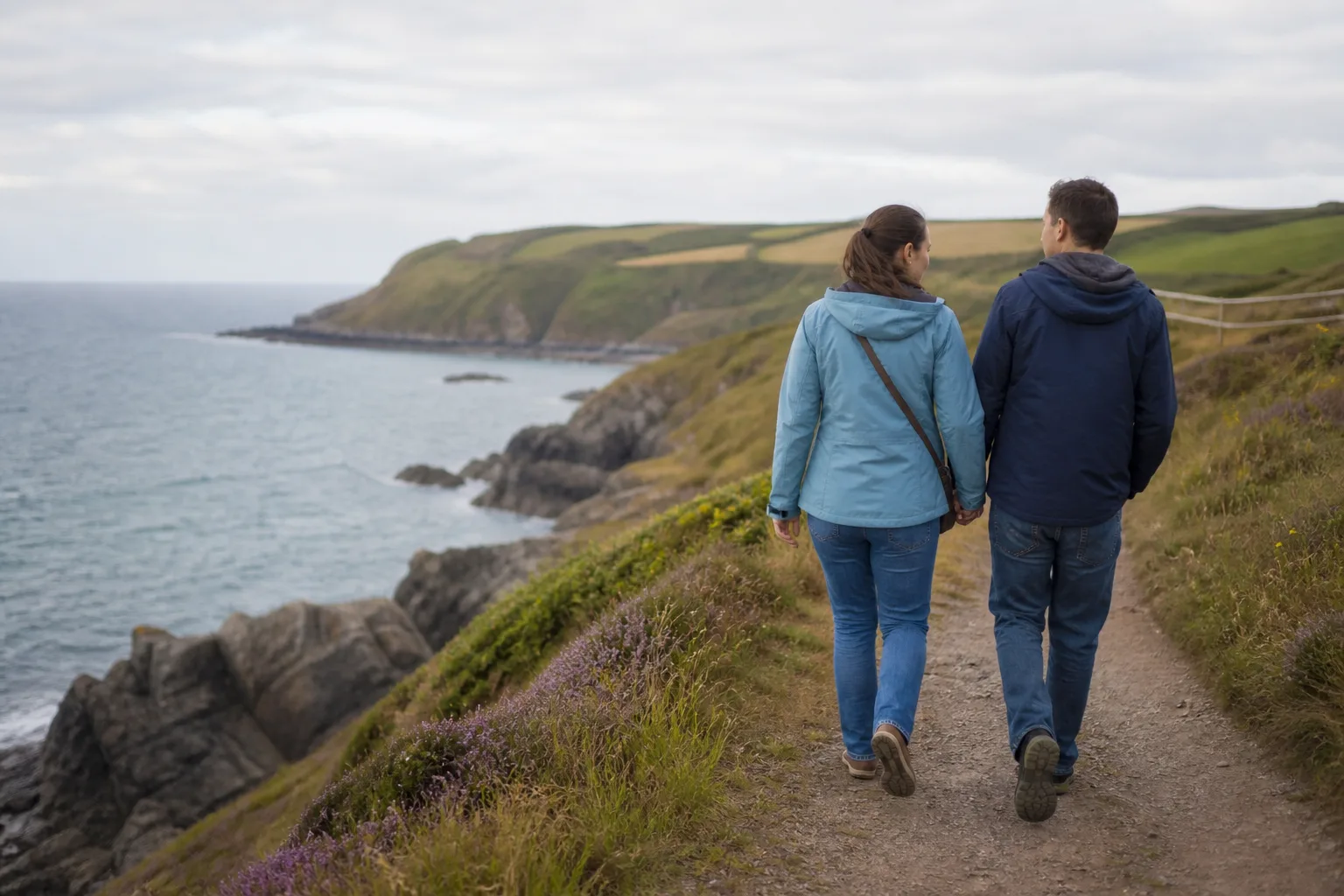 Two people walking beside the harbour in West Wales