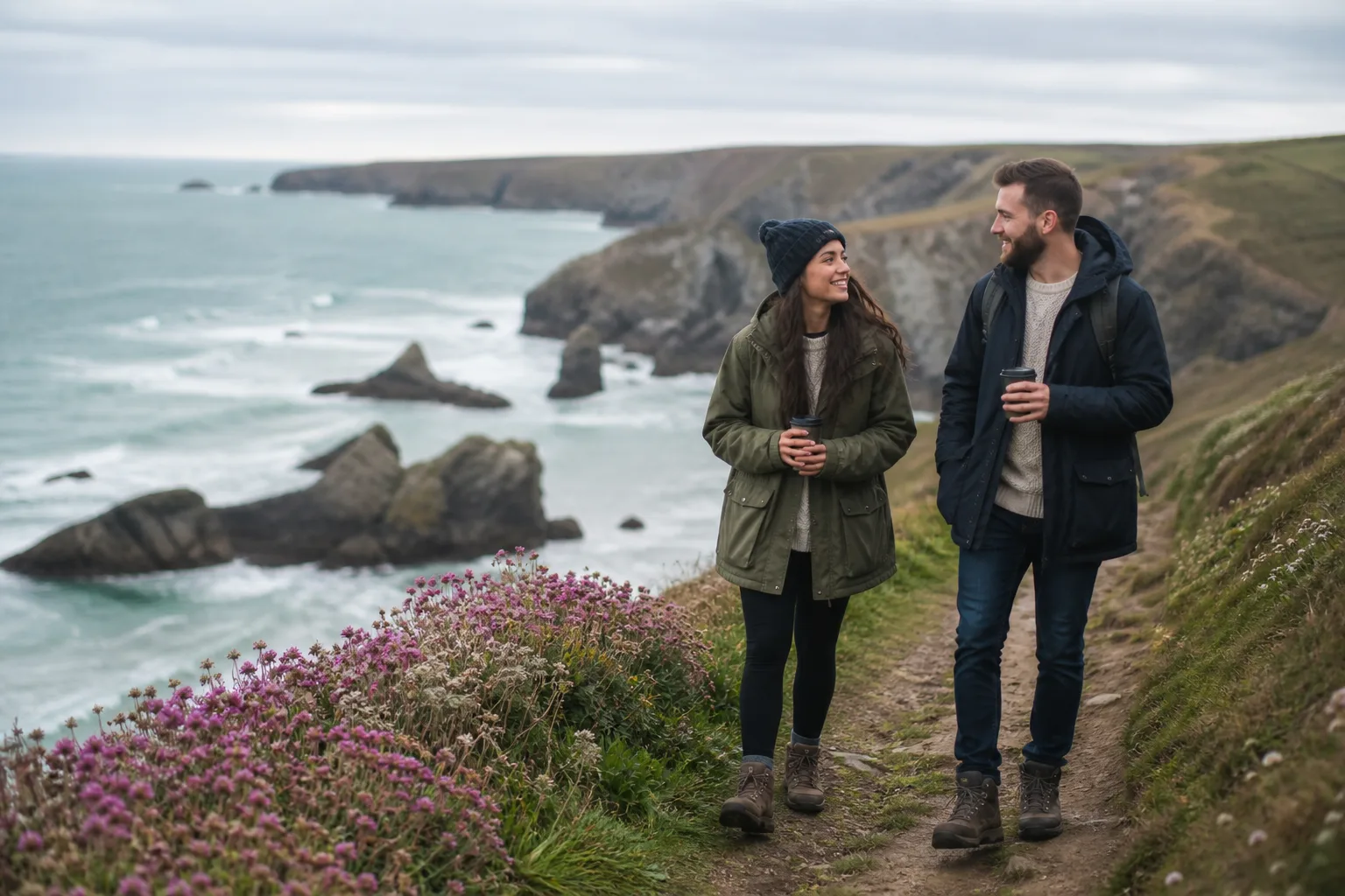 Couple walking beside the harbour in Tenby, Pembrokeshire