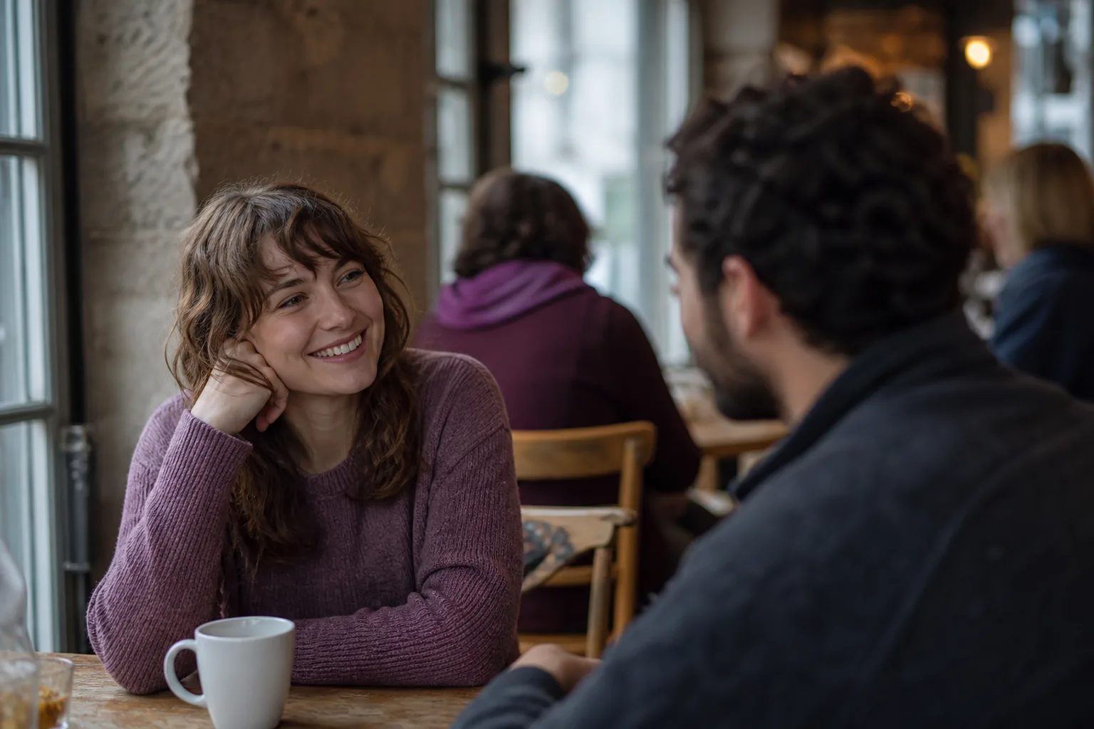 Person creating an online dating profile at a café in West Wales