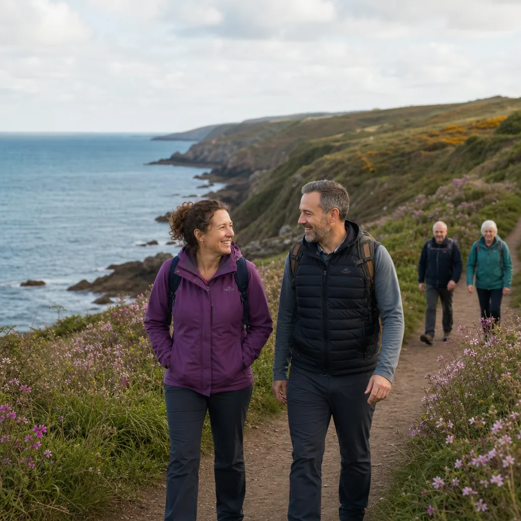 Two adults meeting at a busy café in Pembrokeshire