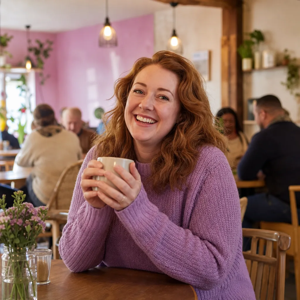 Two people chatting over coffee after connecting through online dating in West Wales